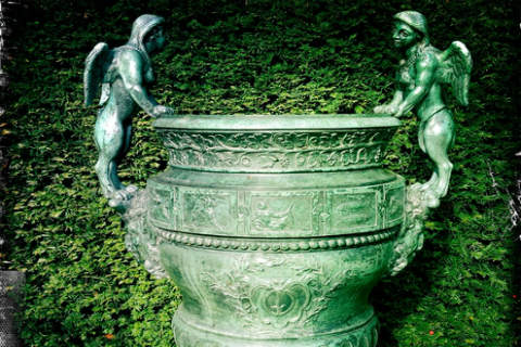Green Metal Pot with Angels